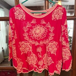 Solitaire Hot Pink Blouse with Cream Embroidery Bohemian Size Large